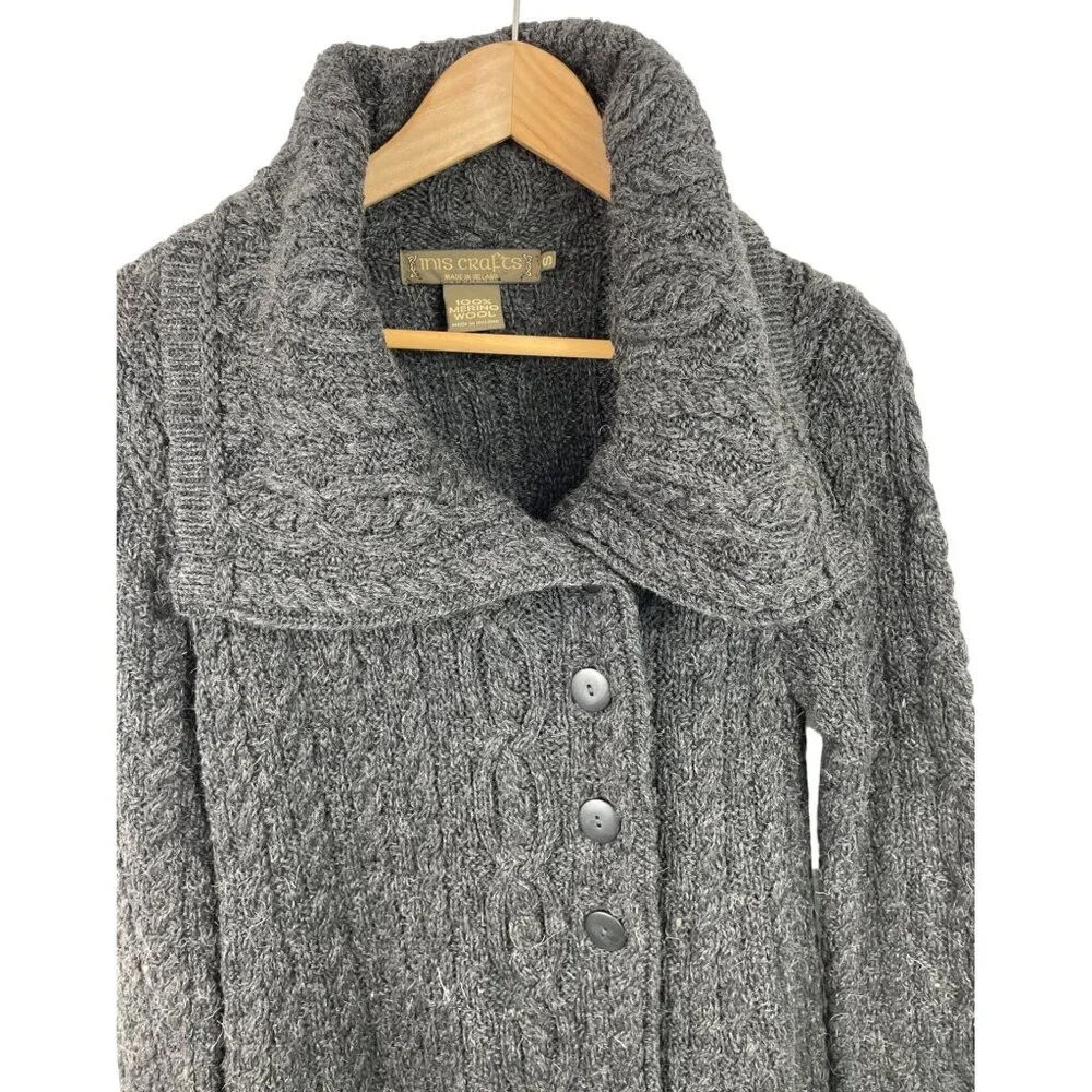 Irish Crafts Gray Cable Knit Long Button Up Cardigan Sweater Womens Size Small - Picture 3 of 9